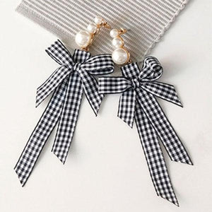 SOOOHO - Jin Black Check Long Drop Ribbon Earrings