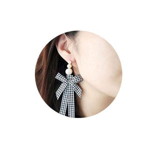 SOOOHO - Jin Black Check Long Drop Ribbon Earrings